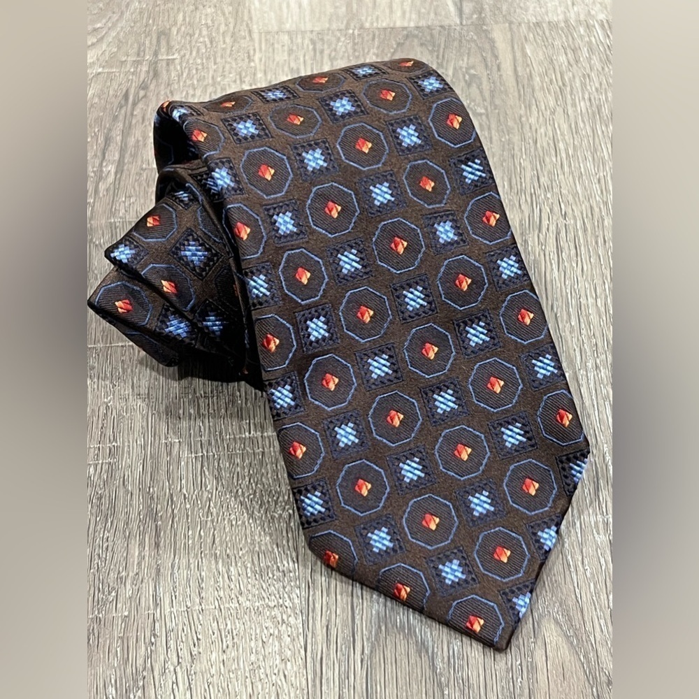 Ermenegildo Zegna Tie Sunburst Geometric Black Blue Power Summer 100% Silk EUC